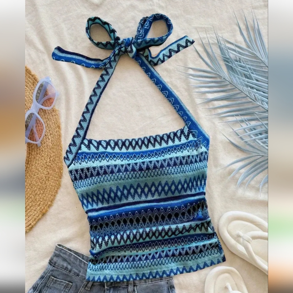 Blue Patterned Halter Top - image 1